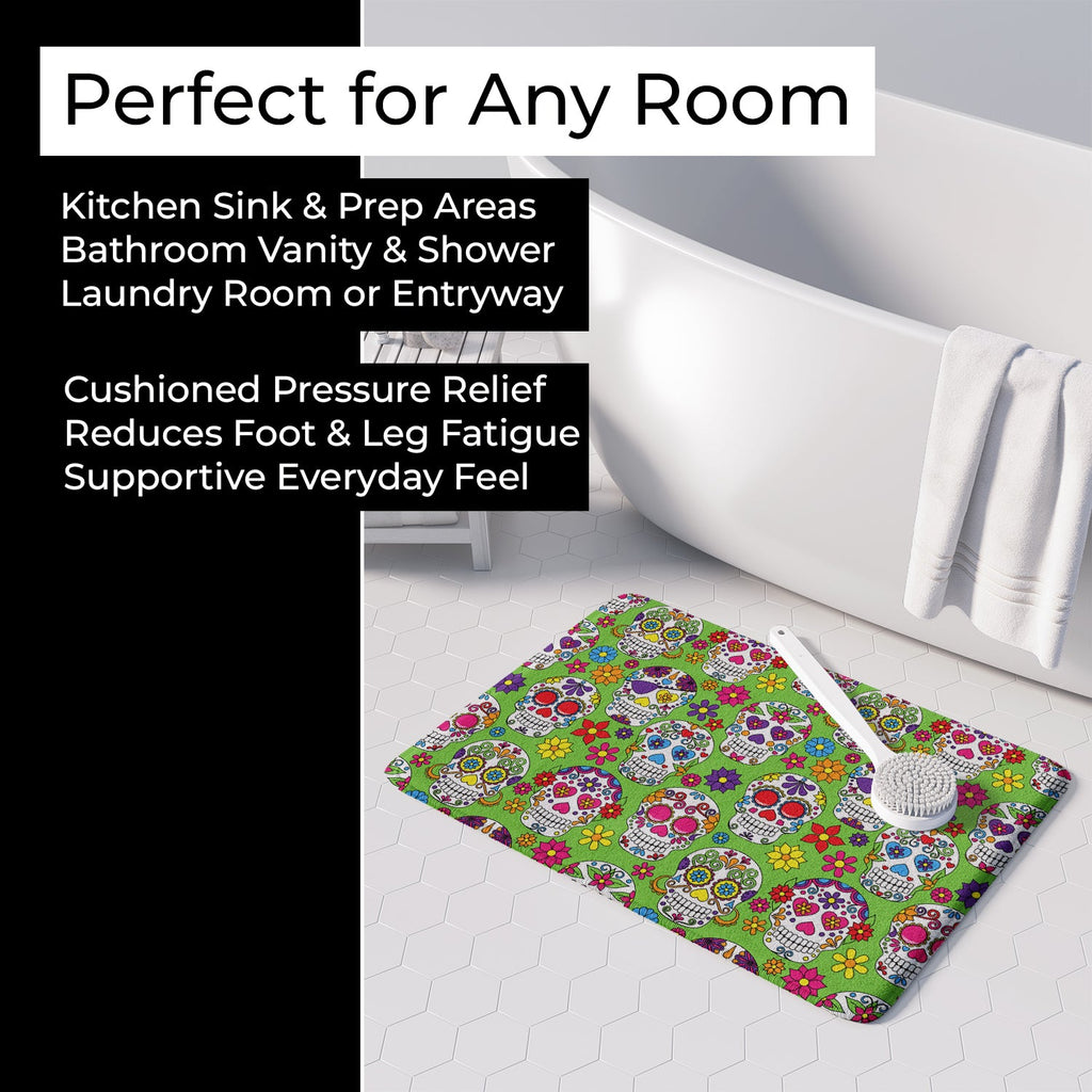 Day of the Dead Green Memory Foam Kitchen Mat Machine Washable Anti-Fatigue Cushion Comfort Bath or Kitchen Rug