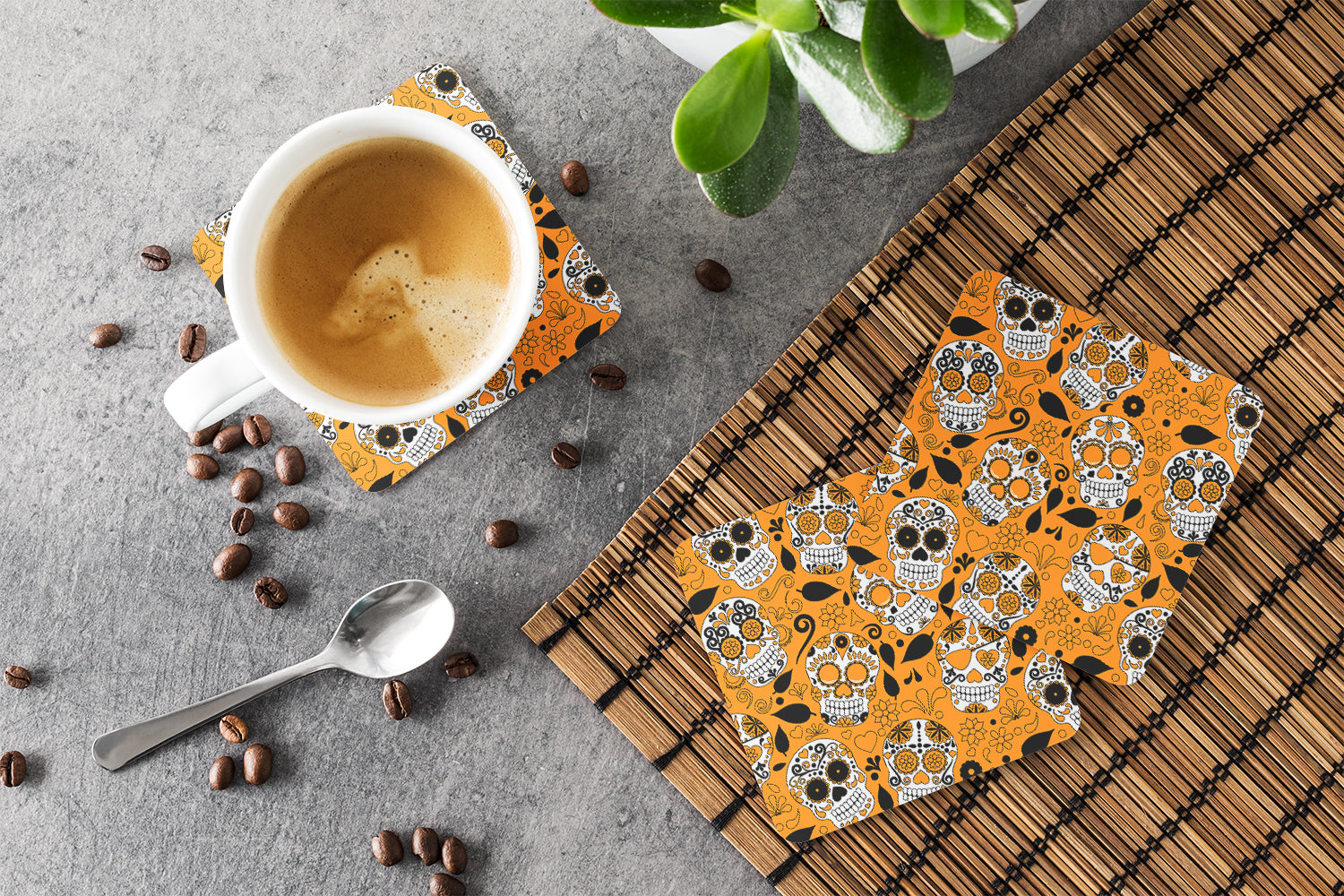 Day of the Dead Orange Foam Coasters Set of 4 Cup Coasters for Indoor Outdoor, Tabletop Protection, Anti Slip, Mouse pad Material