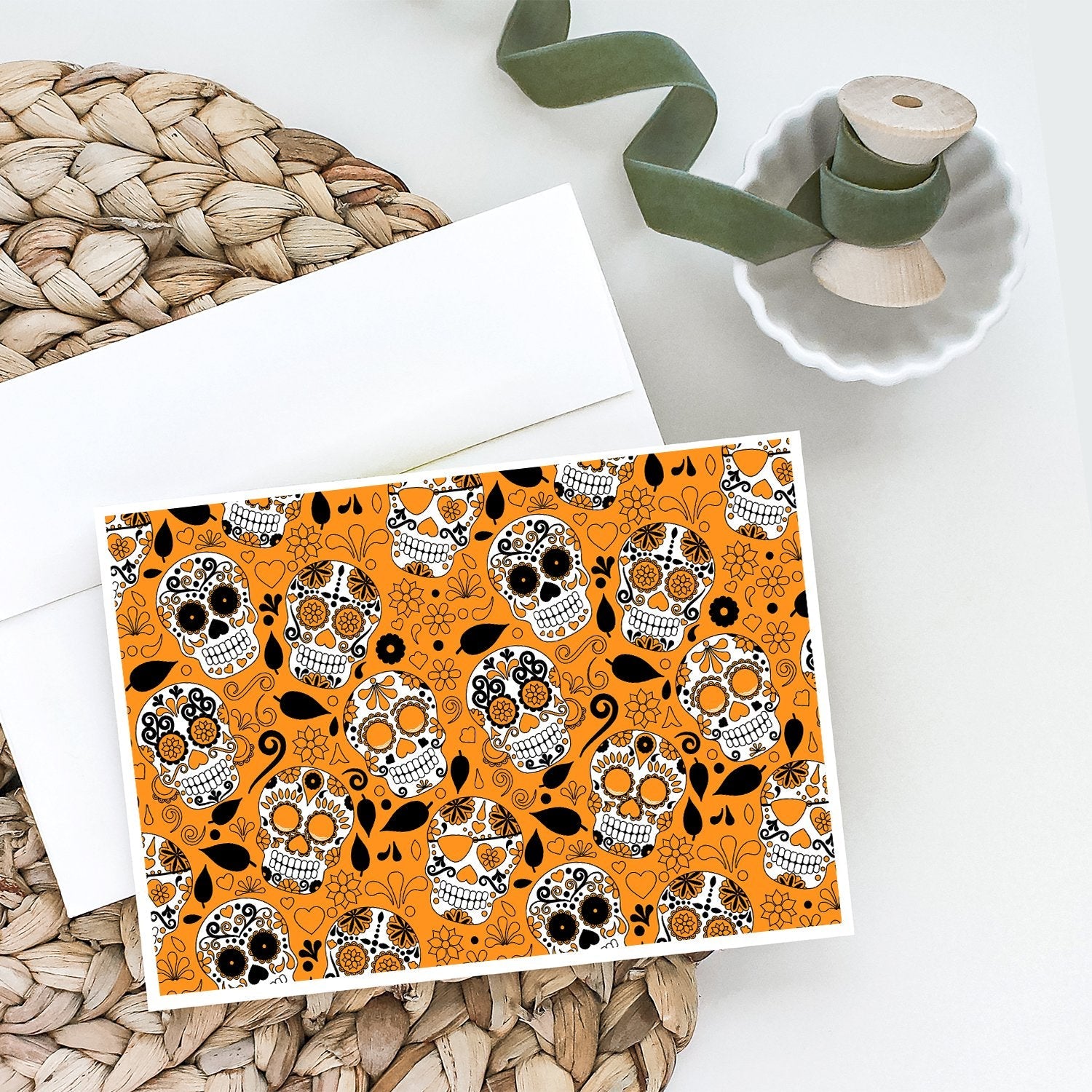 Day of the Dead Orange Greeting Cards Pack of 8 Blank Cards with Envelopes Whimsical A7 Size 5x7