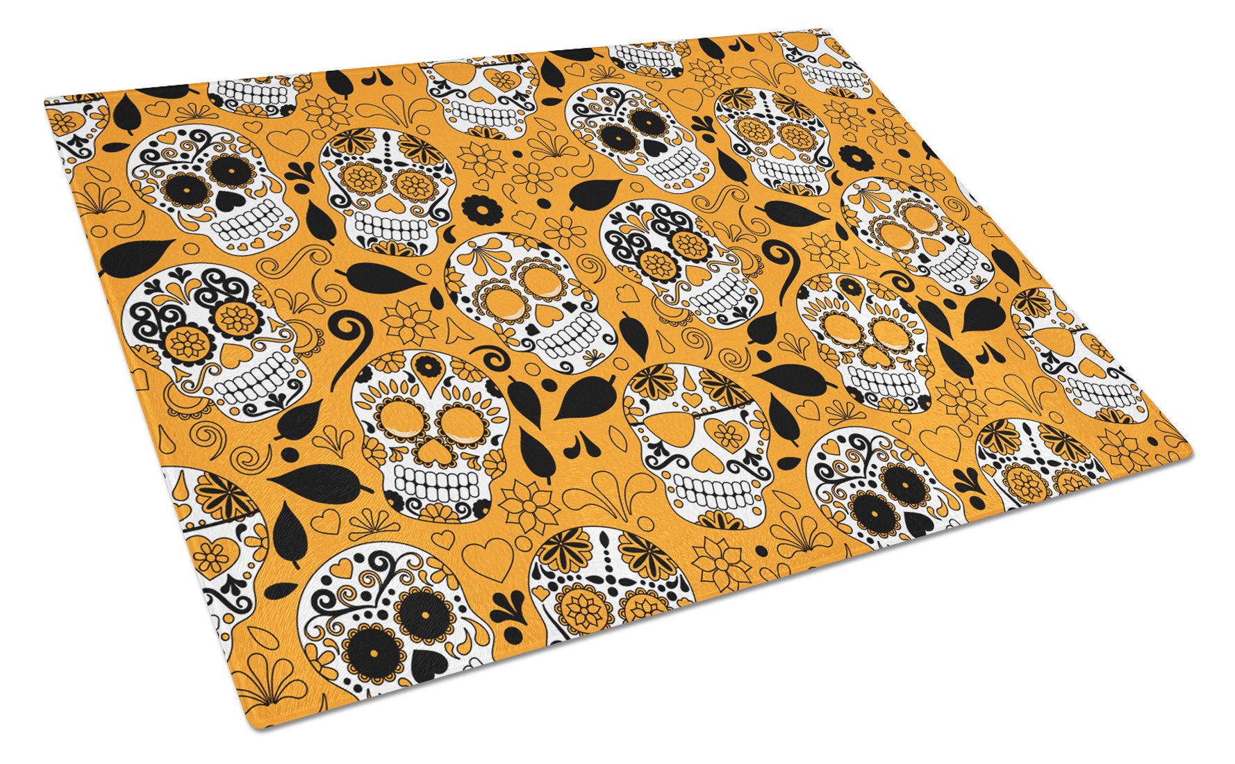 Day of the Dead Orange Cutting Board Tempered Glass Kitchen Cutting Surface, Heat Resistant Chopping, Non-Slip Feet, Food Prep & Serving