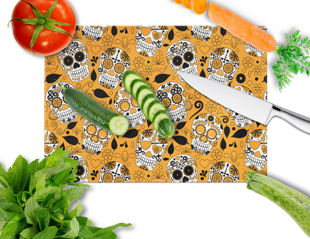 Day of the Dead Orange Cutting Board Tempered Glass Kitchen Cutting Surface, Heat Resistant Chopping, Non-Slip Feet, Food Prep & Serving