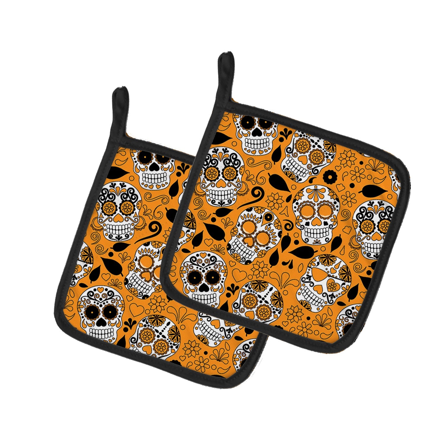 Day of the Dead Orange Pot Holder Set of 2 Heat Resistant Quilted Hot Pads 7.5 x 7.5 Inch, Insulated Kitchen Trivets for Cooking & Baking