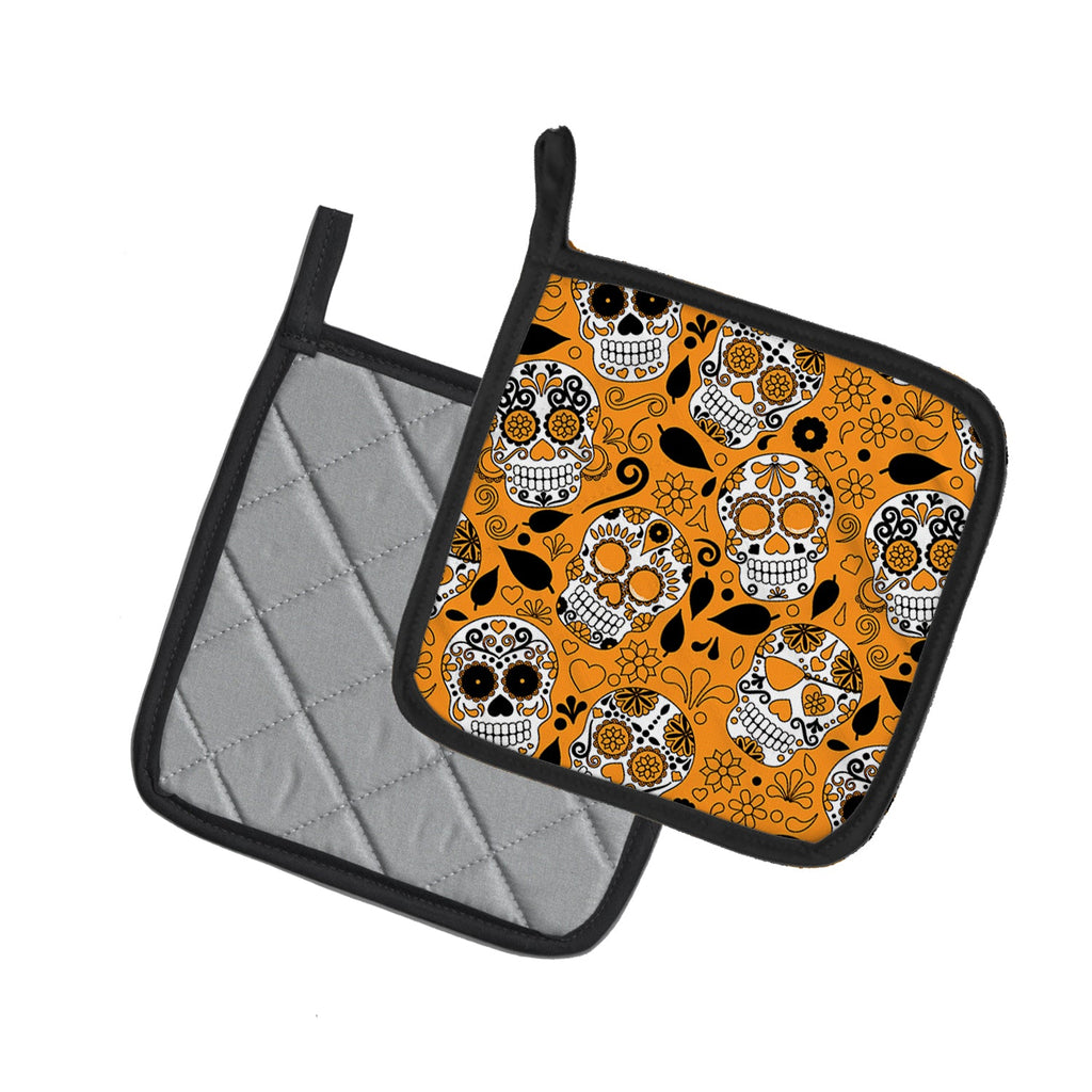 Day of the Dead Orange Pot Holder Set of 2 Heat Resistant Quilted Hot Pads 7.5 x 7.5 Inch, Insulated Kitchen Trivets for Cooking & Baking