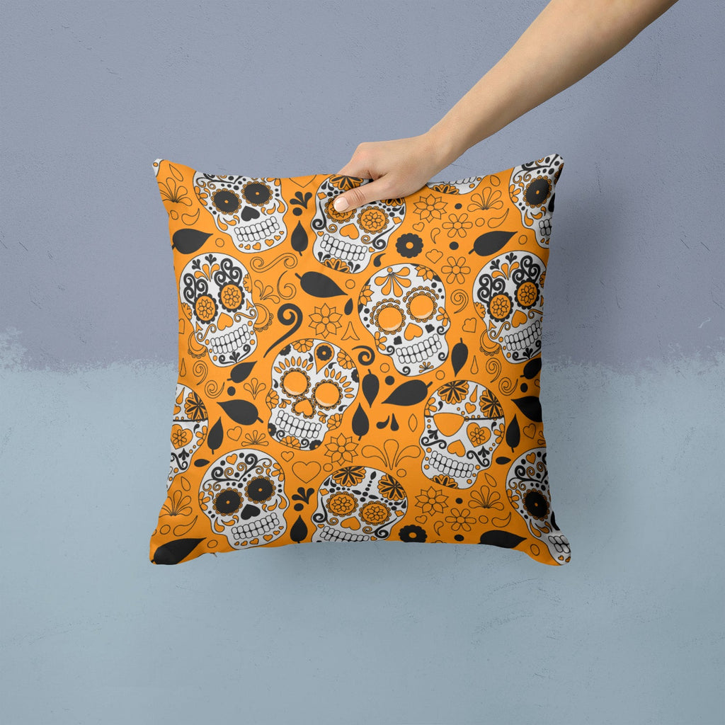 Day of the Dead Orange Decorative Throw Pillow 14x14 Indoor Outdoor Accent Cushion, Fabric Cover with Insert for Sofa, Bed, Porch & Living Room