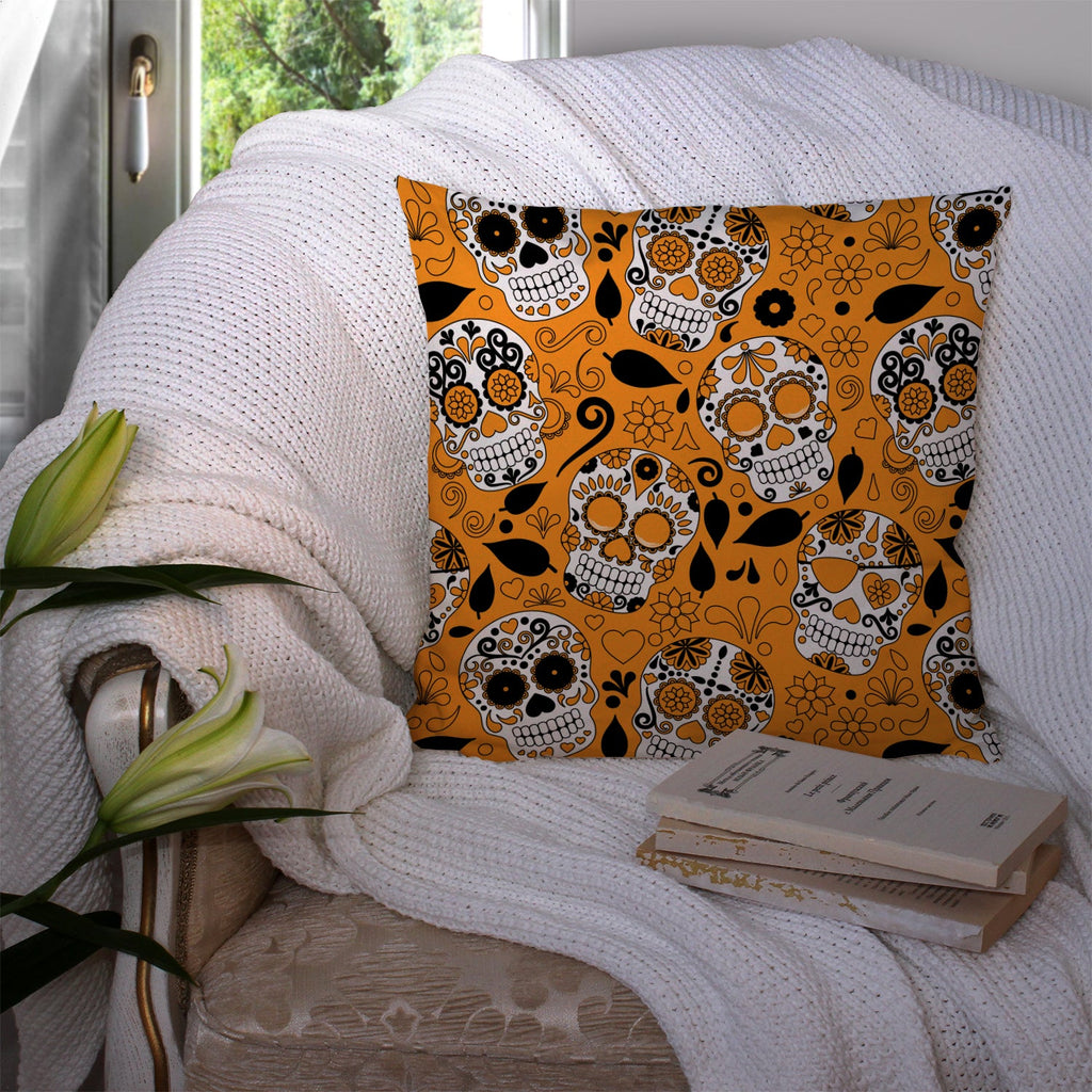 Day of the Dead Orange Decorative Throw Pillow 14x14 Indoor Outdoor Accent Cushion, Fabric Cover with Insert for Sofa, Bed, Porch & Living Room