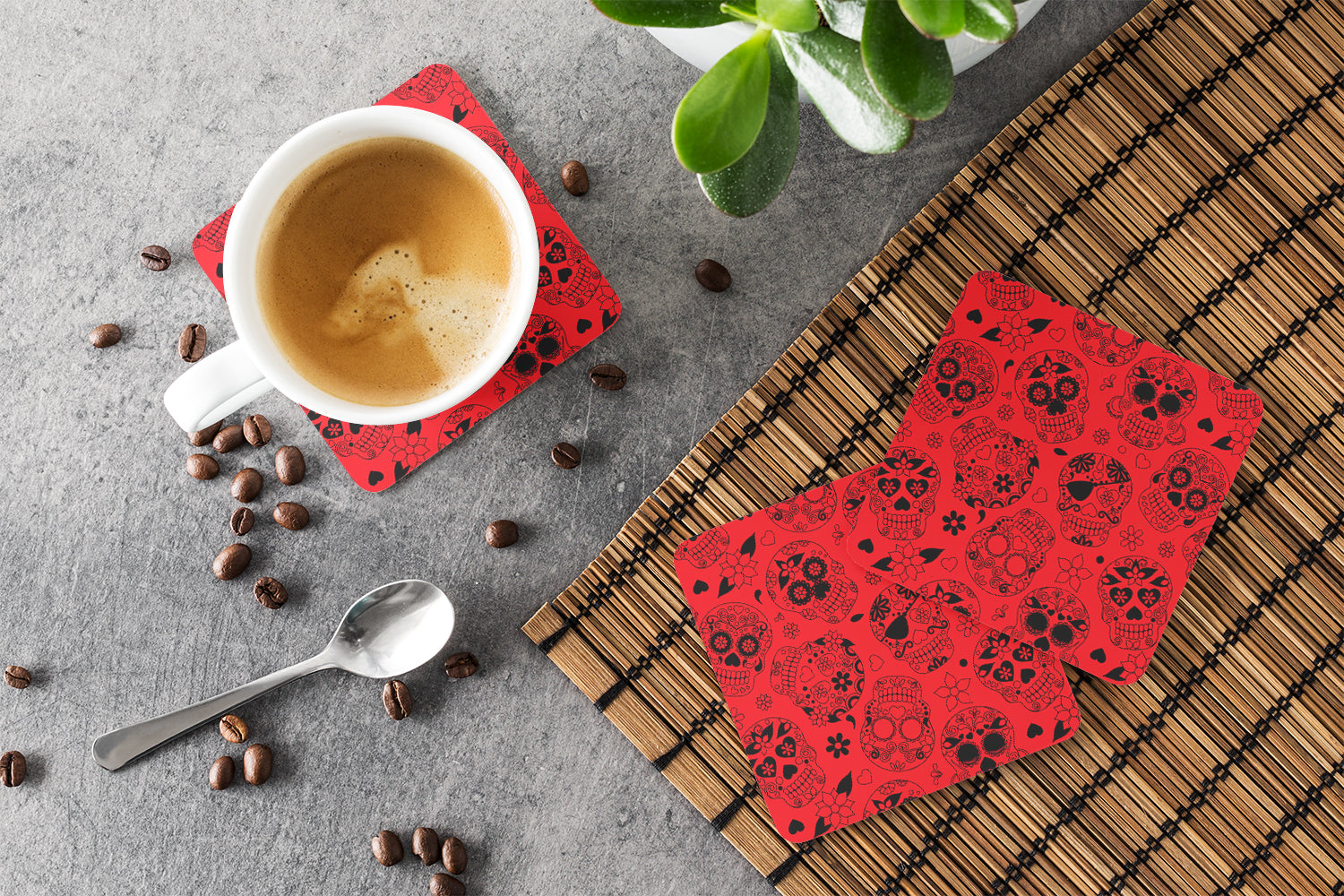 Day of the Dead Red Foam Coasters Set of 4 Cup Coasters for Indoor Outdoor, Tabletop Protection, Anti Slip, Mouse pad Material