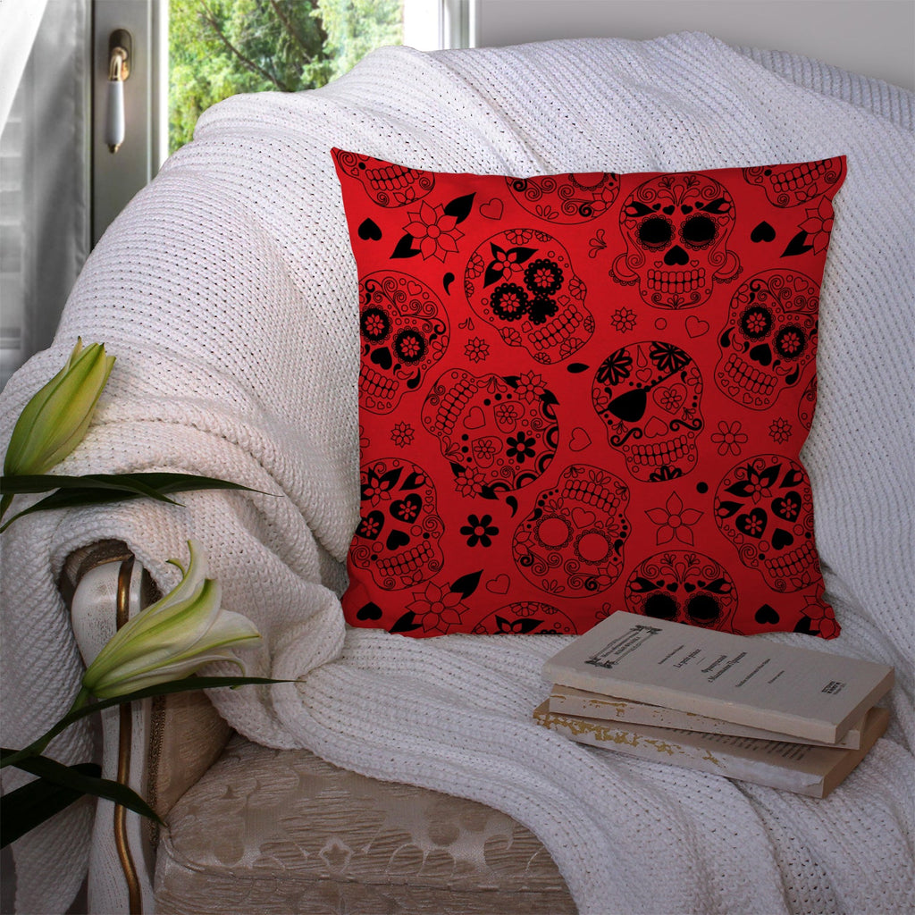 Day of the Dead Red Decorative Throw Pillow 14x14 Indoor Outdoor Accent Cushion, Fabric Cover with Insert for Sofa, Bed, Porch & Living Room