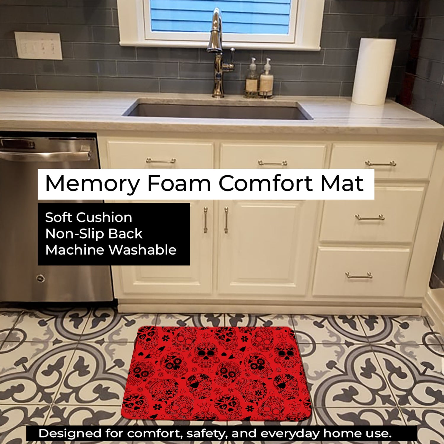 Day of the Dead Red Memory Foam Kitchen Mat Machine Washable Anti-Fatigue Cushion Comfort Bath or Kitchen Rug