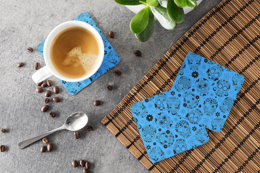 Day of the Dead Blue Foam Coasters Set of 4 Cup Coasters for Indoor Outdoor, Tabletop Protection, Anti Slip, Mouse pad Material