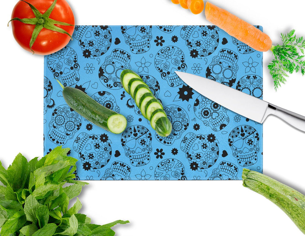 Day of the Dead Blue Cutting Board Tempered Glass Kitchen Cutting Surface, Heat Resistant Chopping, Non-Slip Feet, Food Prep & Serving