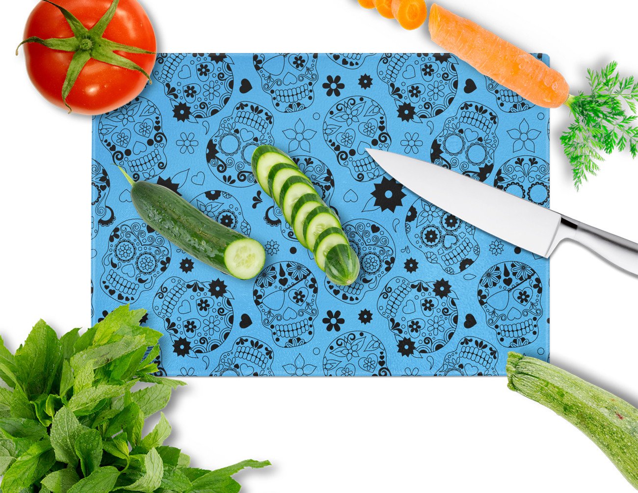 Day of the Dead Blue Cutting Board Tempered Glass Kitchen Cutting Surface, Heat Resistant Chopping, Non-Slip Feet, Food Prep & Serving
