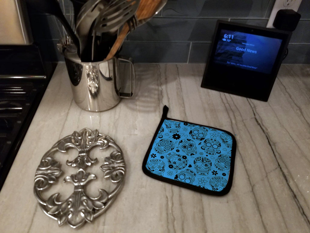 Day of the Dead Blue Pot Holder Set of 2 Heat Resistant Quilted Hot Pads 7.5 x 7.5 Inch, Insulated Kitchen Trivets for Cooking & Baking