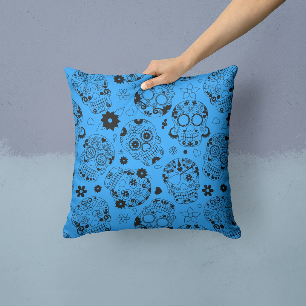 Day of the Dead Blue Decorative Throw Pillow 14x14 Indoor Outdoor Accent Cushion, Fabric Cover with Insert for Sofa, Bed, Porch & Living Room