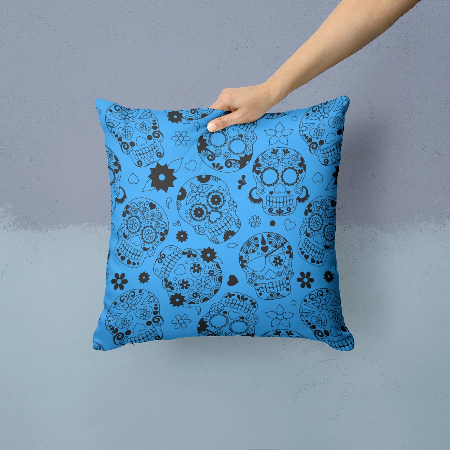 Day of the Dead Blue Decorative Throw Pillow 14x14 Indoor Outdoor Accent Cushion, Fabric Cover with Insert for Sofa, Bed, Porch & Living Room