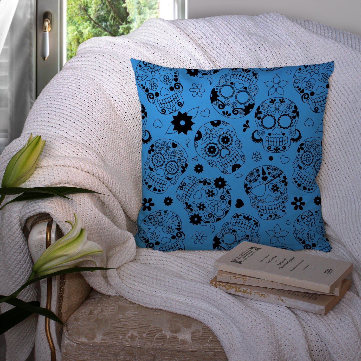 Day of the Dead Blue Decorative Throw Pillow 14x14 Indoor Outdoor Accent Cushion, Fabric Cover with Insert for Sofa, Bed, Porch & Living Room