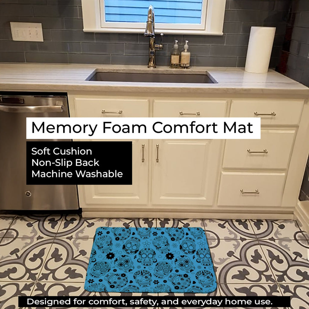 Day of the Dead Blue Memory Foam Kitchen Mat Machine Washable Anti-Fatigue Cushion Comfort Bath or Kitchen Rug
