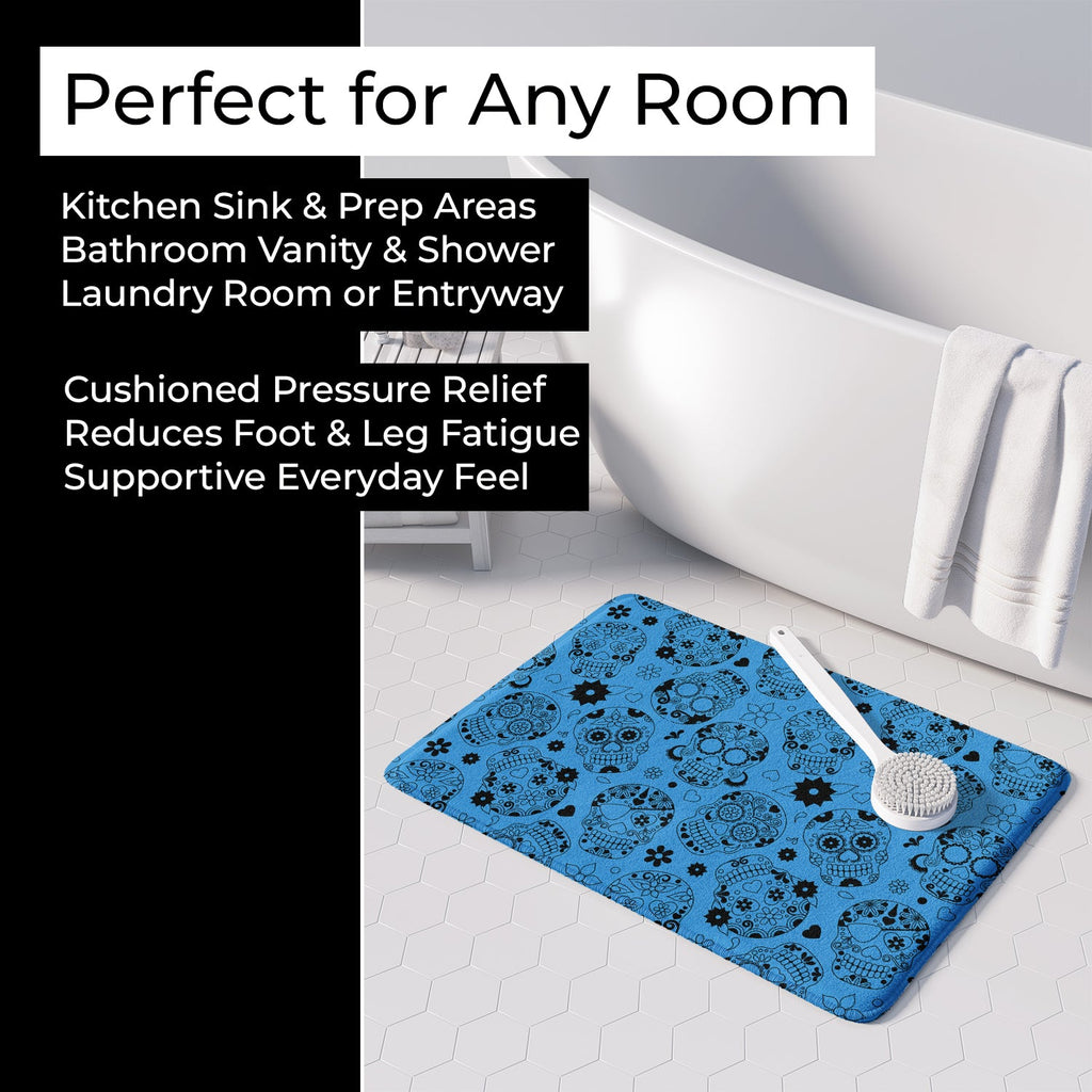 Day of the Dead Blue Memory Foam Kitchen Mat Machine Washable Anti-Fatigue Cushion Comfort Bath or Kitchen Rug