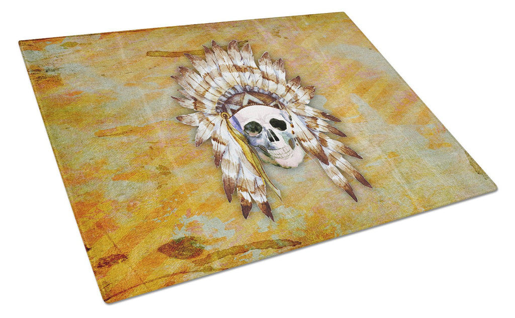 Day of the Dead Indian Skull Cutting Board Tempered Glass Kitchen Cutting Surface, Heat Resistant Chopping, Non-Slip Feet, Food Prep & Serving