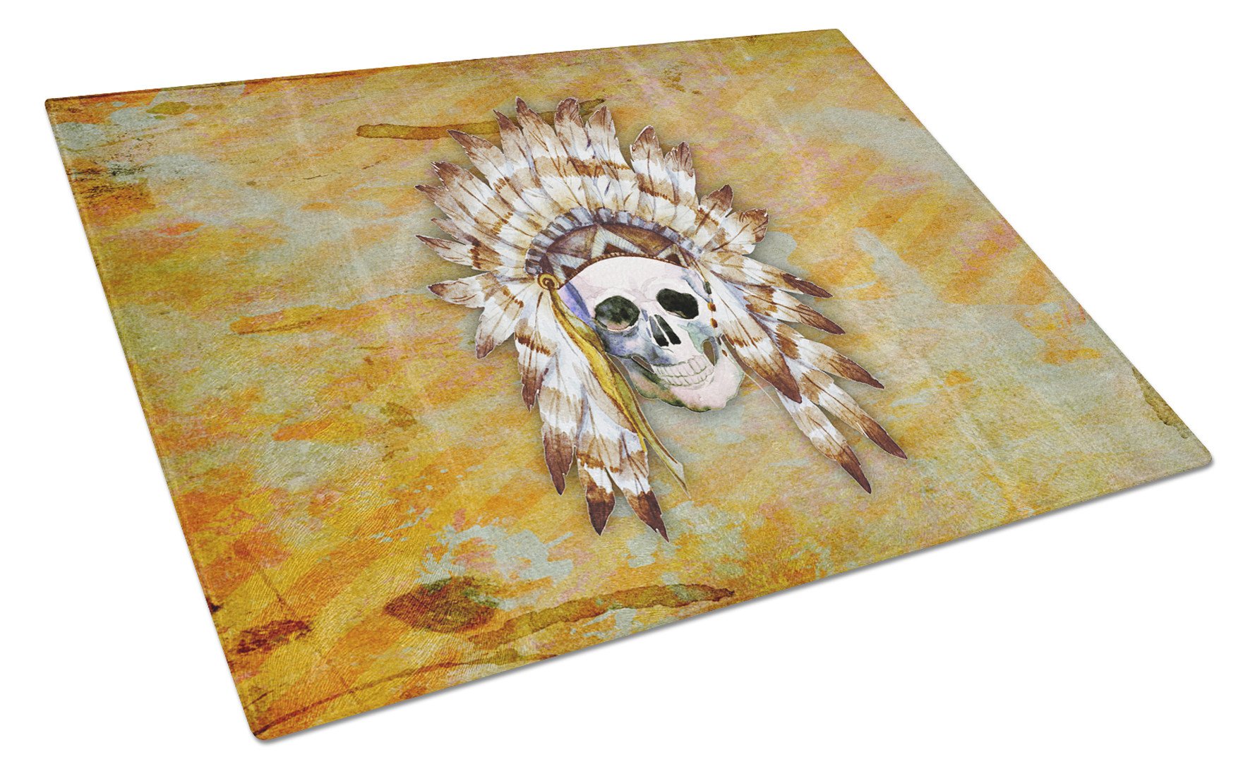 Day of the Dead Indian Skull Cutting Board Tempered Glass Kitchen Cutting Surface, Heat Resistant Chopping, Non-Slip Feet, Food Prep & Serving