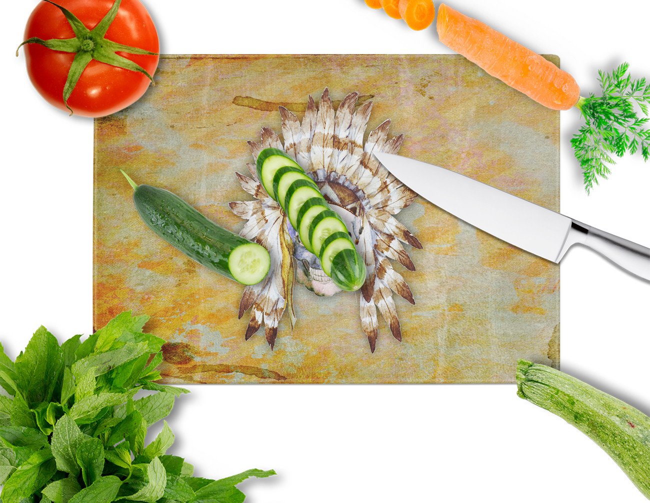 Day of the Dead Indian Skull Cutting Board Tempered Glass Kitchen Cutting Surface, Heat Resistant Chopping, Non-Slip Feet, Food Prep & Serving