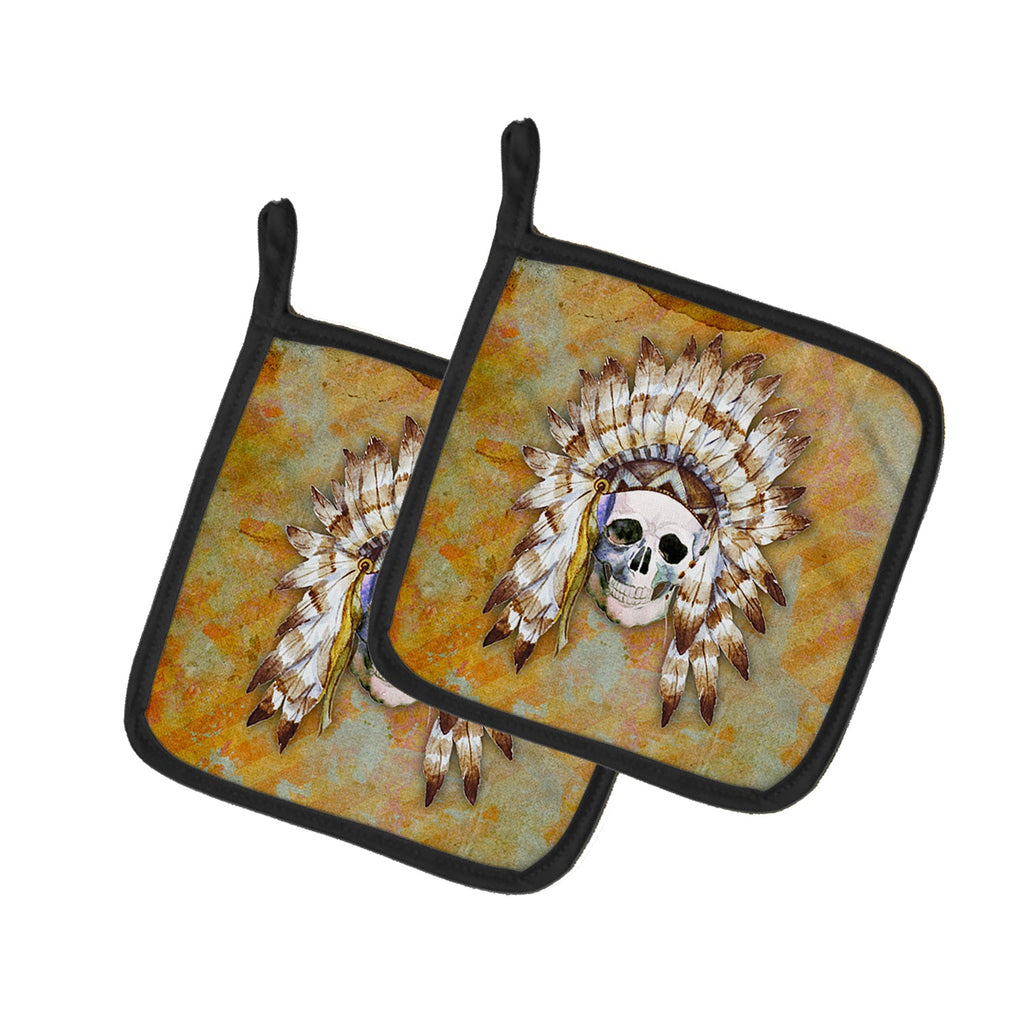 Day of the Dead Indian Skull Pot Holder Set of 2 Heat Resistant Quilted Hot Pads 7.5 x 7.5 Inch, Insulated Kitchen Trivets for Cooking & Baking