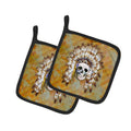 Day of the Dead Indian Skull Pot Holder Set of 2 Heat Resistant Quilted Hot Pads 7.5 x 7.5 Inch, Insulated Kitchen Trivets for Cooking & Baking