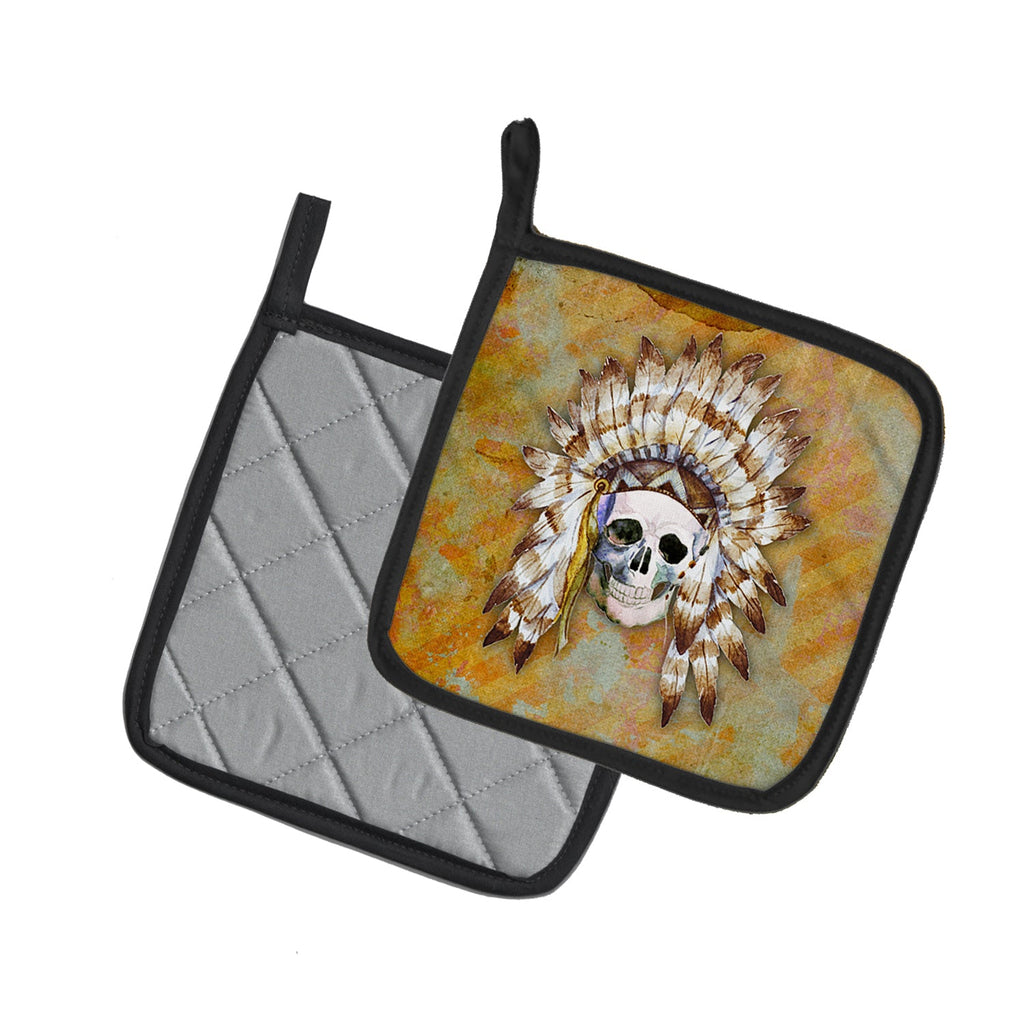 Day of the Dead Indian Skull Pot Holder Set of 2 Heat Resistant Quilted Hot Pads 7.5 x 7.5 Inch, Insulated Kitchen Trivets for Cooking & Baking