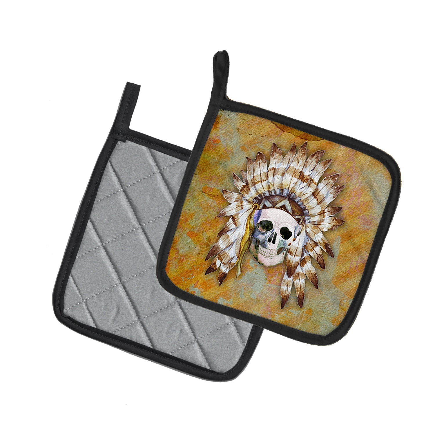 Day of the Dead Indian Skull Pot Holder Set of 2 Heat Resistant Quilted Hot Pads 7.5 x 7.5 Inch, Insulated Kitchen Trivets for Cooking & Baking