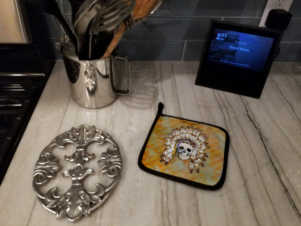 Day of the Dead Indian Skull Pot Holder Set of 2 Heat Resistant Quilted Hot Pads 7.5 x 7.5 Inch, Insulated Kitchen Trivets for Cooking & Baking