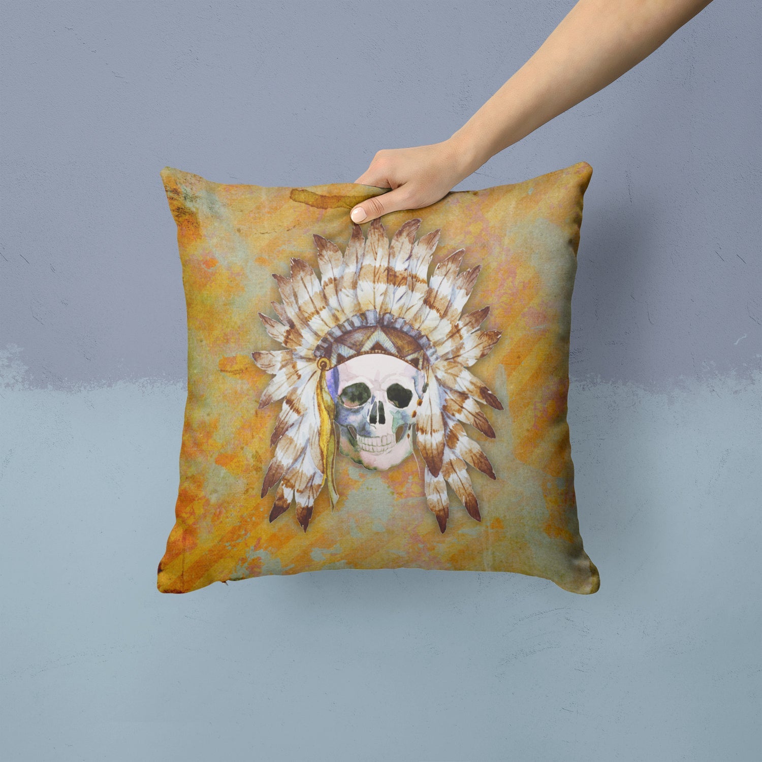 Day of the Dead Indian Skull Decorative Throw Pillow 14x14 Indoor Outdoor Accent Cushion, Fabric Cover with Insert for Sofa, Bed, Porch & Living Room