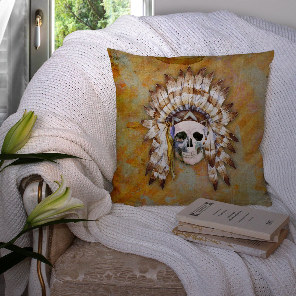 Day of the Dead Indian Skull Decorative Throw Pillow 14x14 Indoor Outdoor Accent Cushion, Fabric Cover with Insert for Sofa, Bed, Porch & Living Room