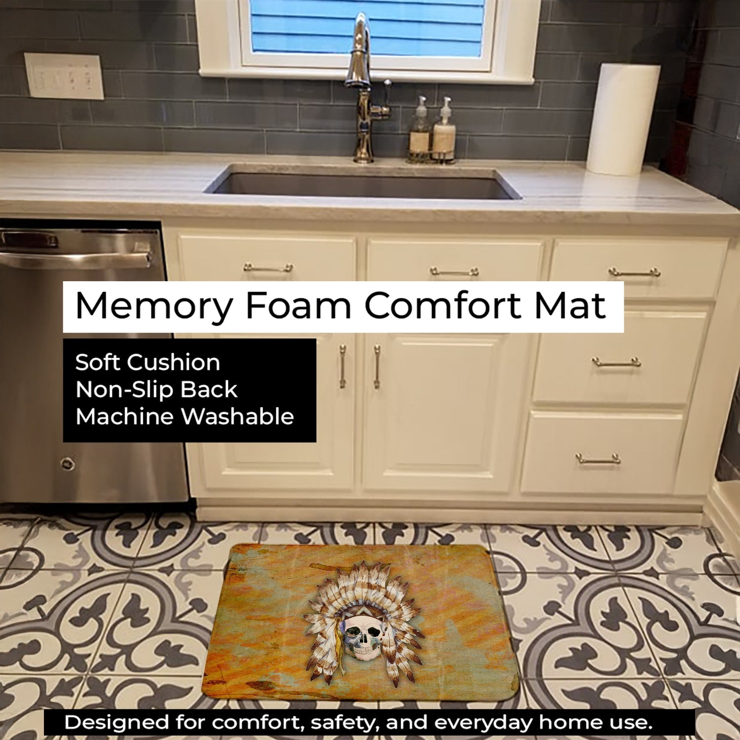 Day of the Dead Indian Skull Memory Foam Kitchen Mat Machine Washable Anti-Fatigue Cushion Comfort Bath or Kitchen Rug