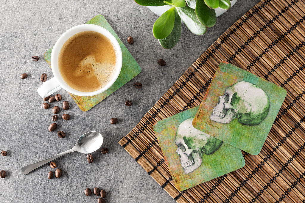 Day of the Dead Green Skull Foam Coasters Set of 4 Cup Coasters for Indoor Outdoor, Tabletop Protection, Anti Slip, Mouse pad Material