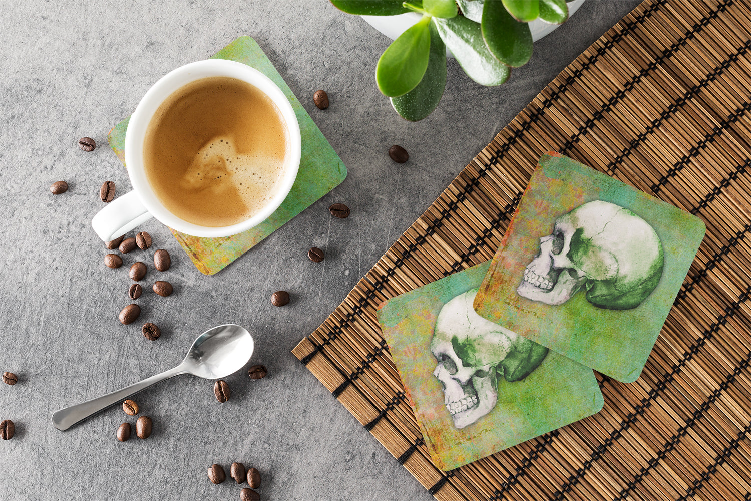 Day of the Dead Green Skull Foam Coasters Set of 4 Cup Coasters for Indoor Outdoor, Tabletop Protection, Anti Slip, Mouse pad Material