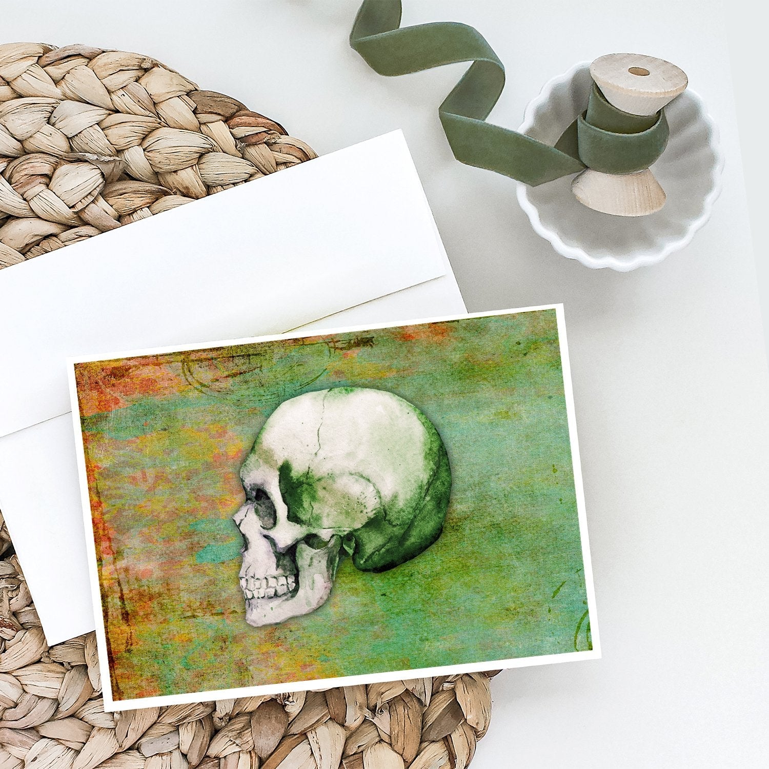 Day of the Dead Green Skull Greeting Cards Pack of 8 Blank Cards with Envelopes Whimsical A7 Size 5x7