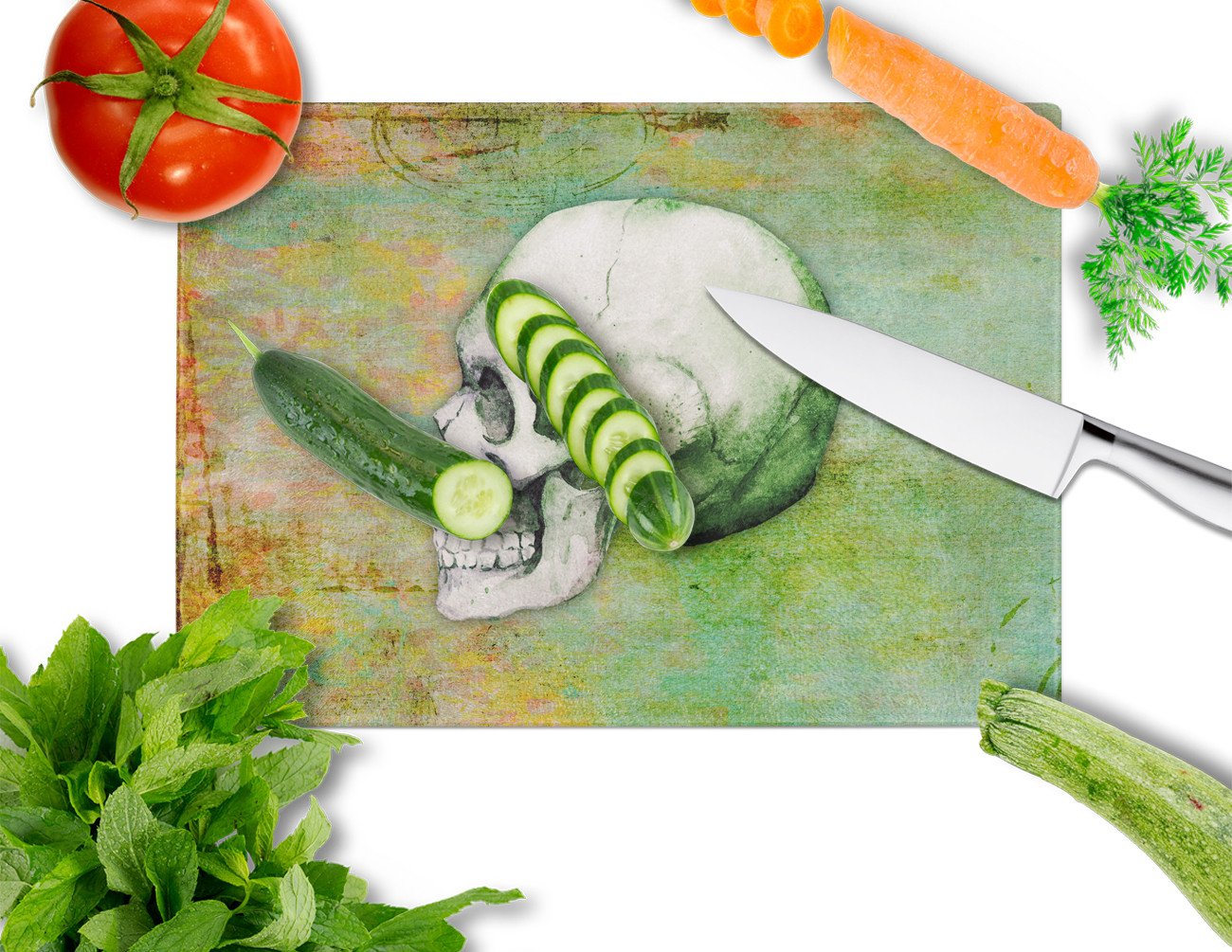 Day of the Dead Green Skull Cutting Board Tempered Glass Kitchen Cutting Surface, Heat Resistant Chopping, Non-Slip Feet, Food Prep & Serving