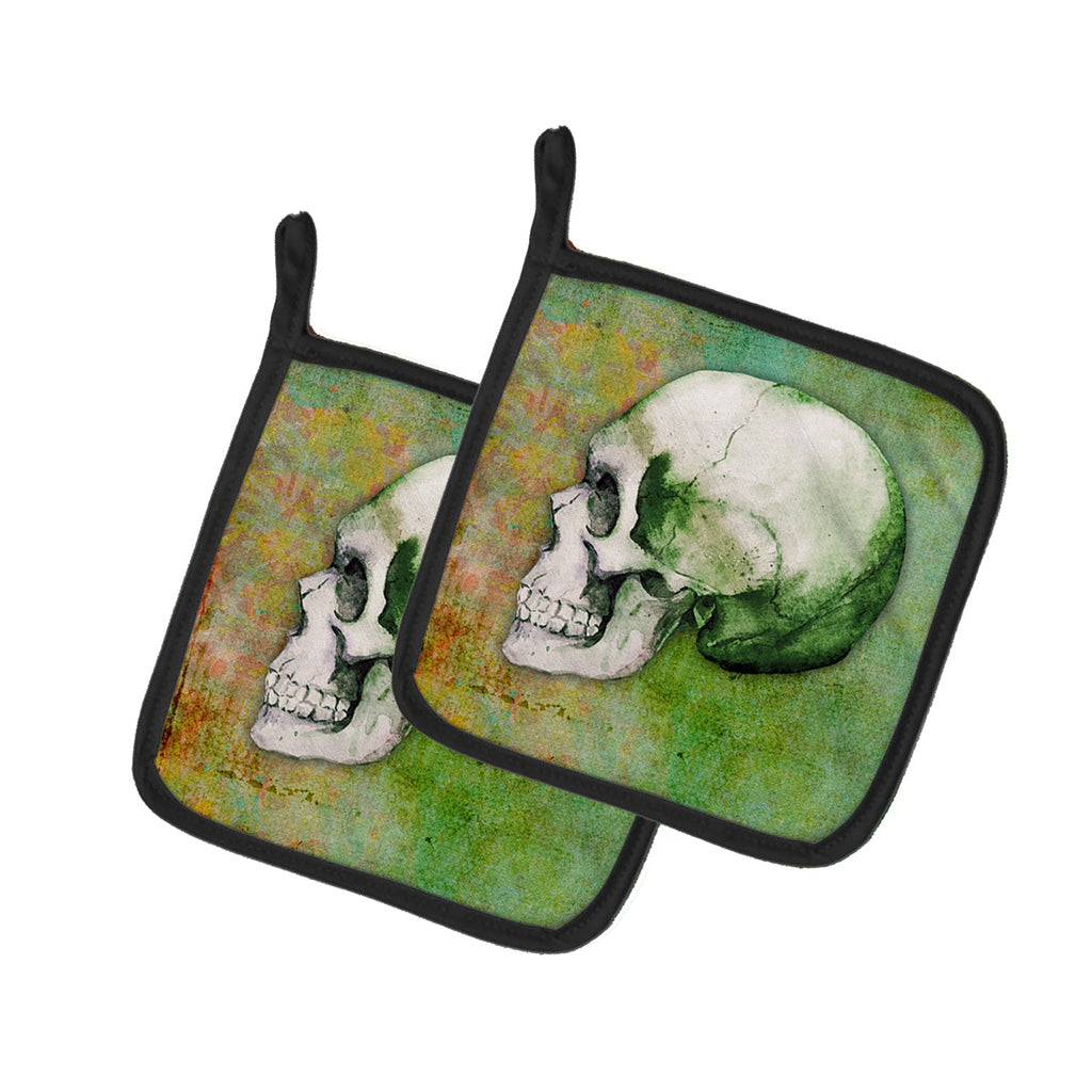 Day of the Dead Green Skull Pot Holder Set of 2 Heat Resistant Quilted Hot Pads 7.5 x 7.5 Inch, Insulated Kitchen Trivets for Cooking & Baking