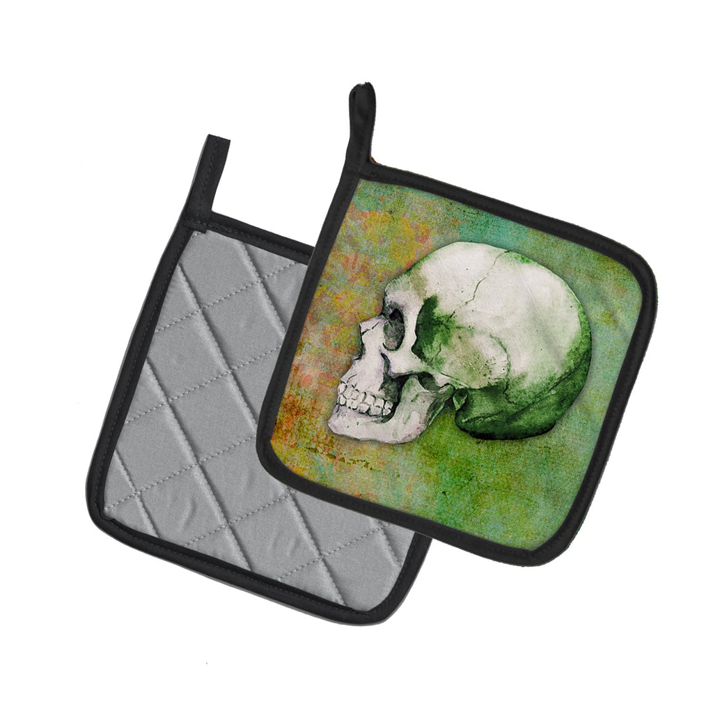 Day of the Dead Green Skull Pot Holder Set of 2 Heat Resistant Quilted Hot Pads 7.5 x 7.5 Inch, Insulated Kitchen Trivets for Cooking & Baking