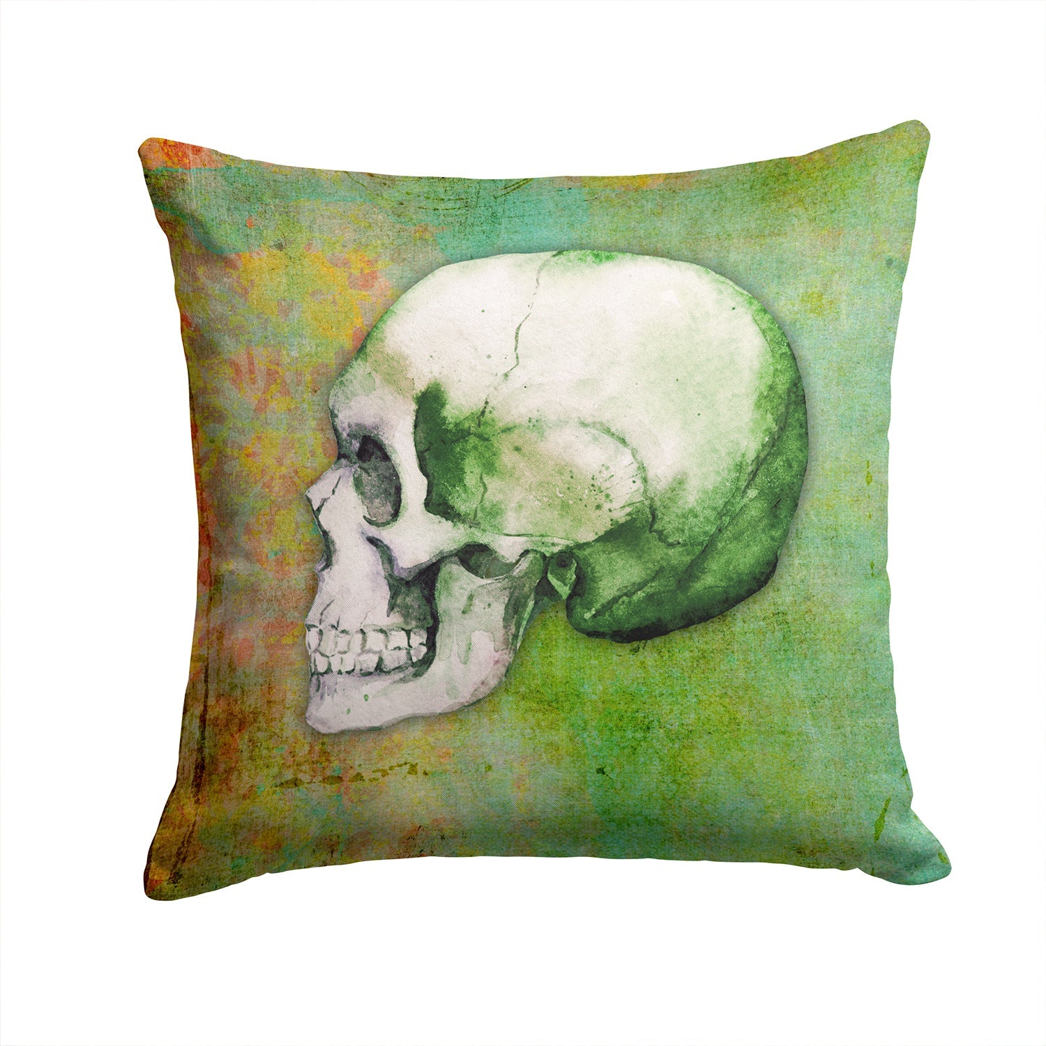 Day of the Dead Green Skull Decorative Throw Pillow 14x14 Indoor Outdoor Accent Cushion, Fabric Cover with Insert for Sofa, Bed, Porch & Living Room