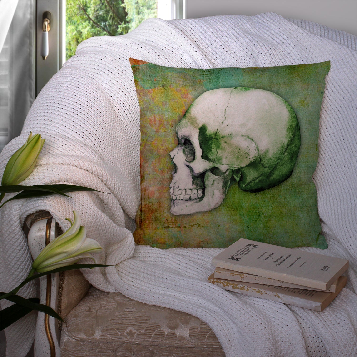 Day of the Dead Green Skull Decorative Throw Pillow 14x14 Indoor Outdoor Accent Cushion, Fabric Cover with Insert for Sofa, Bed, Porch & Living Room