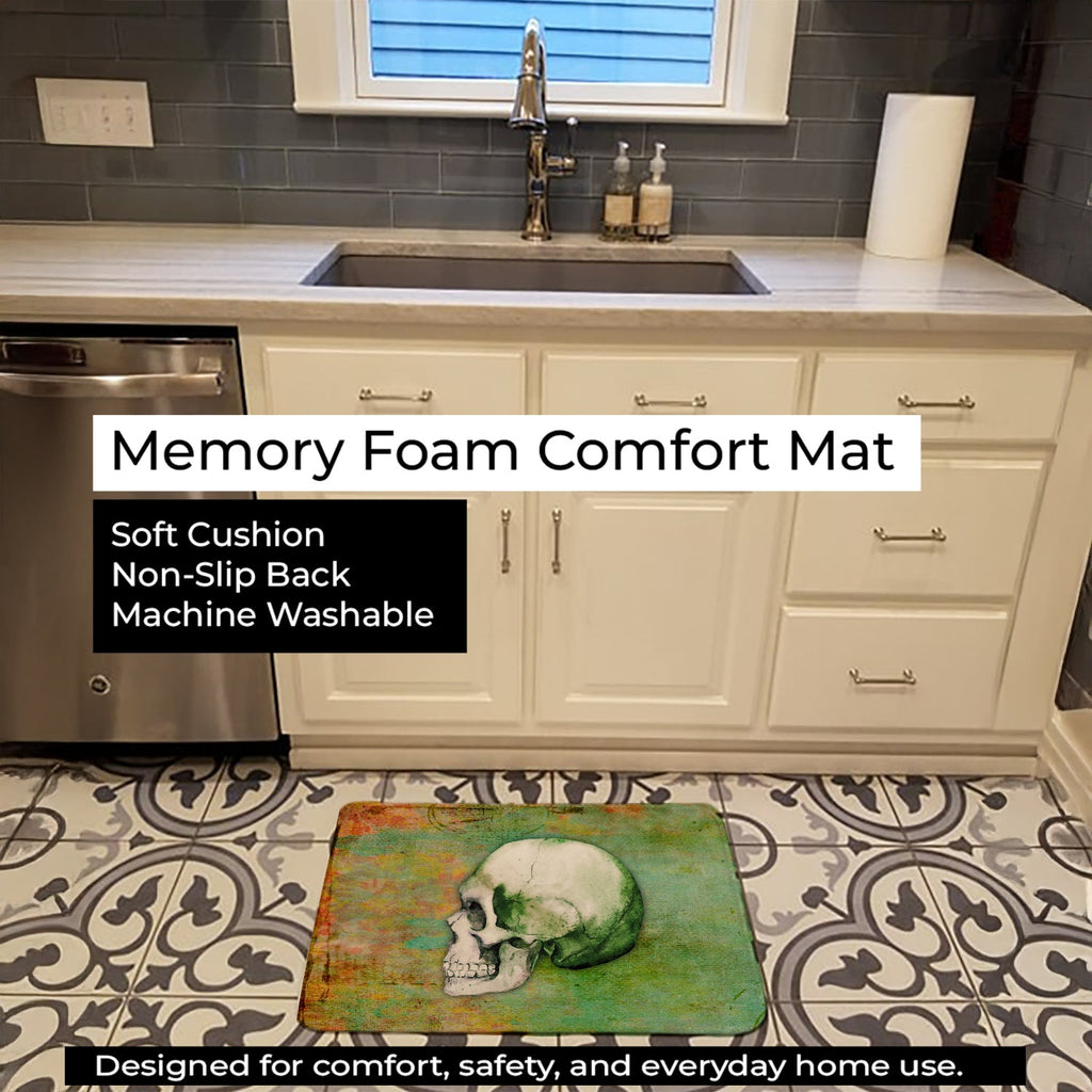 Day of the Dead Green Skull Memory Foam Kitchen Mat Machine Washable Anti-Fatigue Cushion Comfort Bath or Kitchen Rug