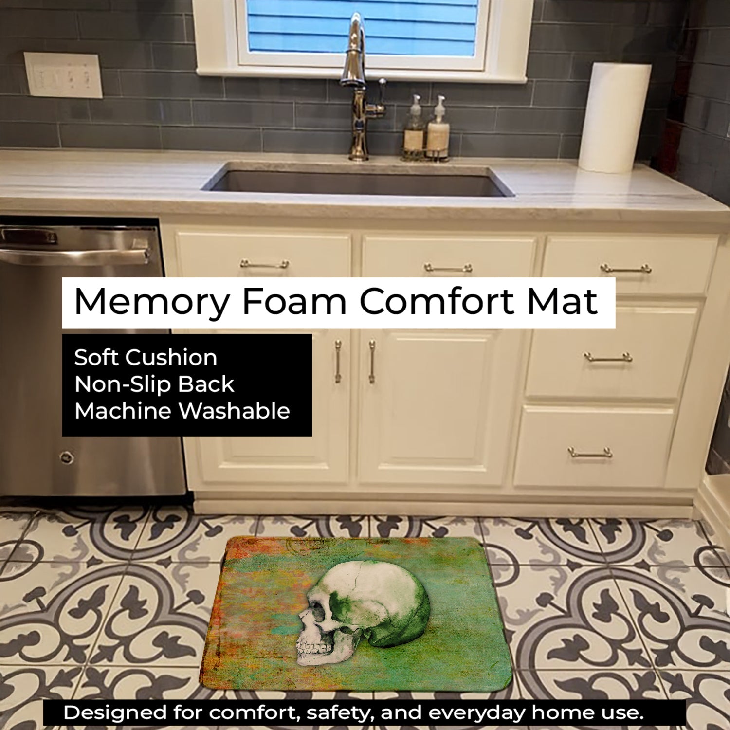 Day of the Dead Green Skull Memory Foam Kitchen Mat Machine Washable Anti-Fatigue Cushion Comfort Bath or Kitchen Rug