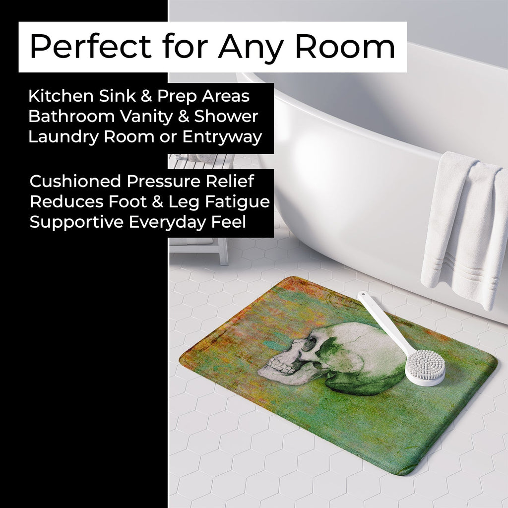 Day of the Dead Green Skull Memory Foam Kitchen Mat Machine Washable Anti-Fatigue Cushion Comfort Bath or Kitchen Rug