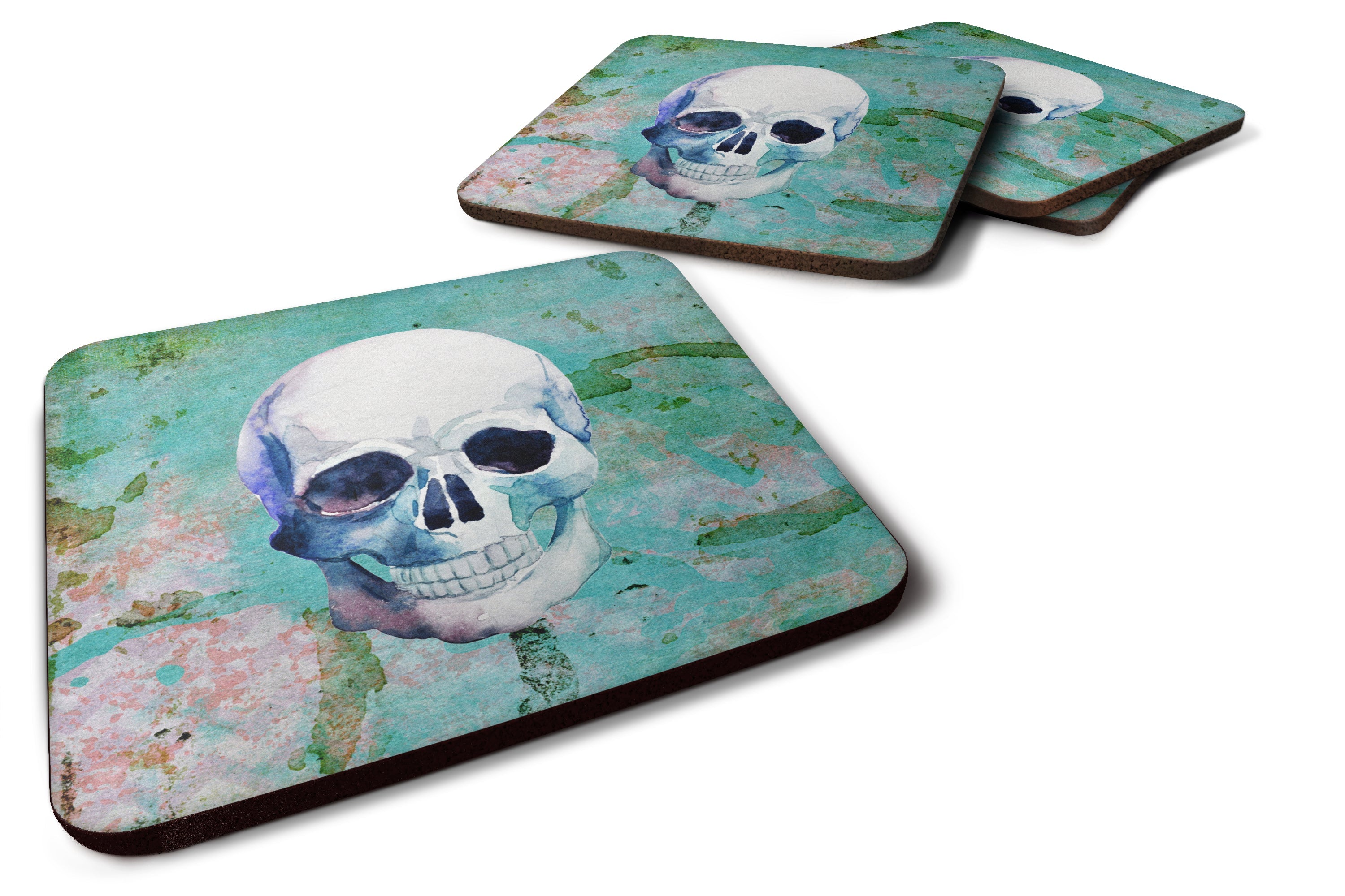 Day of the Dead Teal Skull Foam Coasters Set of 4 Cup Coasters for Indoor Outdoor, Tabletop Protection, Anti Slip, Mouse pad Material