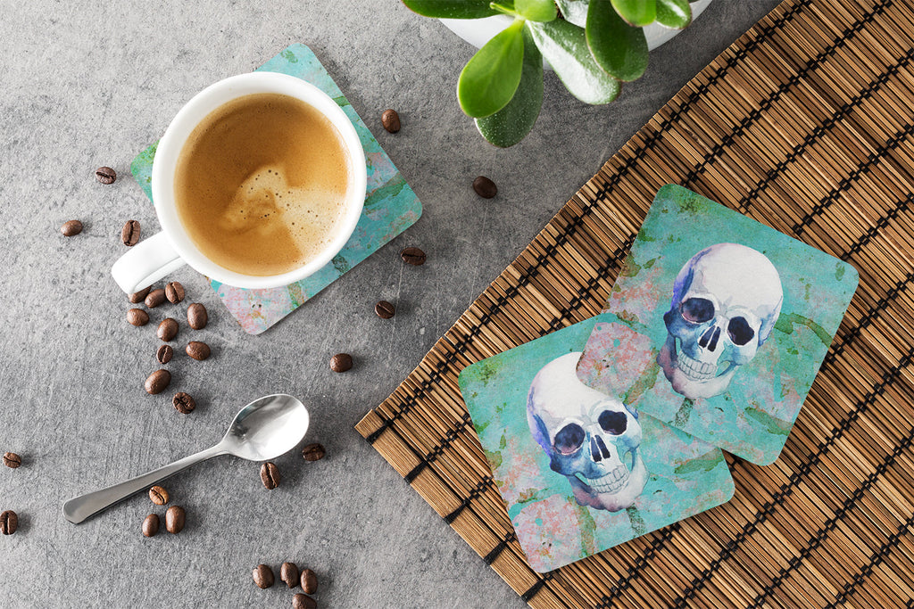 Day of the Dead Teal Skull Foam Coasters Set of 4 Cup Coasters for Indoor Outdoor, Tabletop Protection, Anti Slip, Mouse pad Material