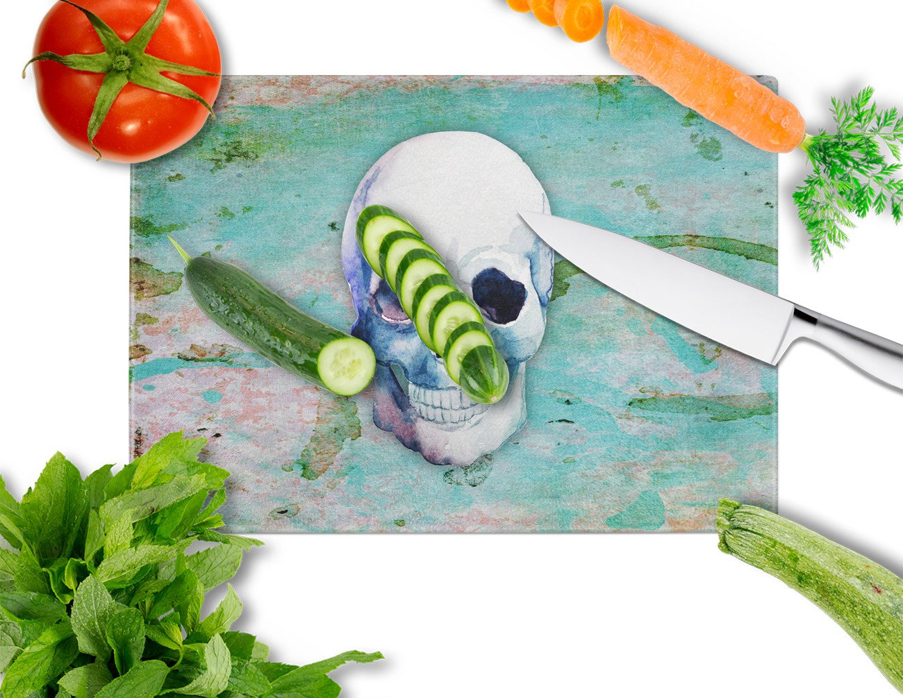 Day of the Dead Teal Skull Cutting Board Tempered Glass Kitchen Cutting Surface, Heat Resistant Chopping, Non-Slip Feet, Food Prep & Serving