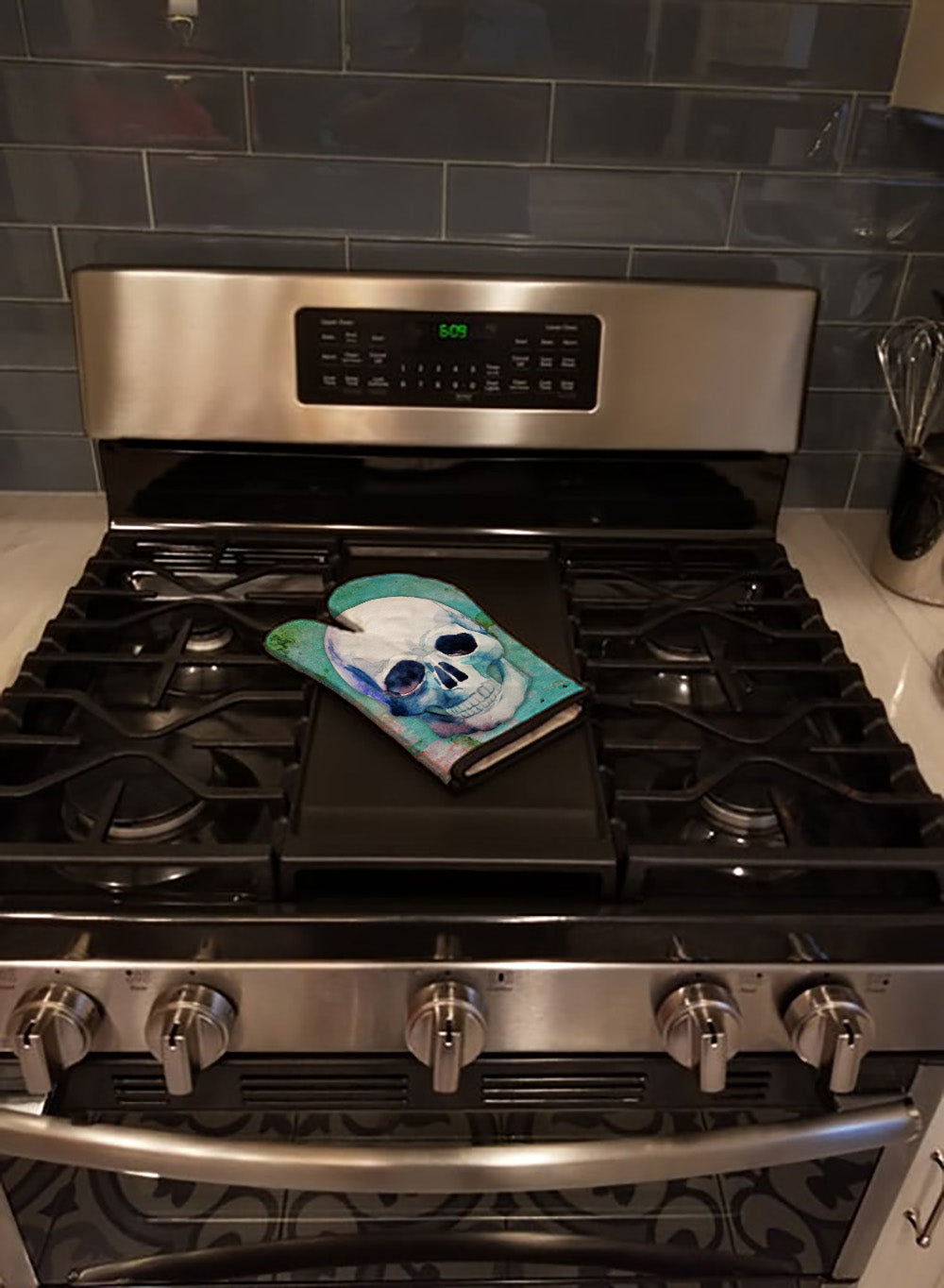 Day of the Dead Teal Skull Oven Mitt Heat Resistant Thick Oven Mitt for Hot Pans and Oven, Kitchen Mitt Protect Hands, Cooking Baking Glove