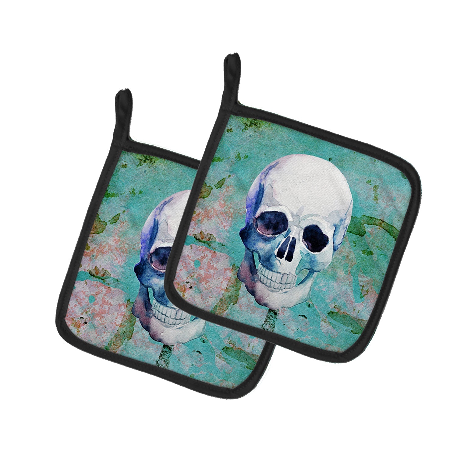 Day of the Dead Teal Skull Pot Holder Set of 2 Heat Resistant Quilted Hot Pads 7.5 x 7.5 Inch, Insulated Kitchen Trivets for Cooking & Baking