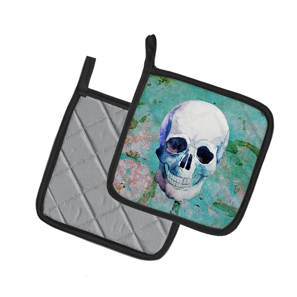 Day of the Dead Teal Skull Pot Holder Set of 2 Heat Resistant Quilted Hot Pads 7.5 x 7.5 Inch, Insulated Kitchen Trivets for Cooking & Baking