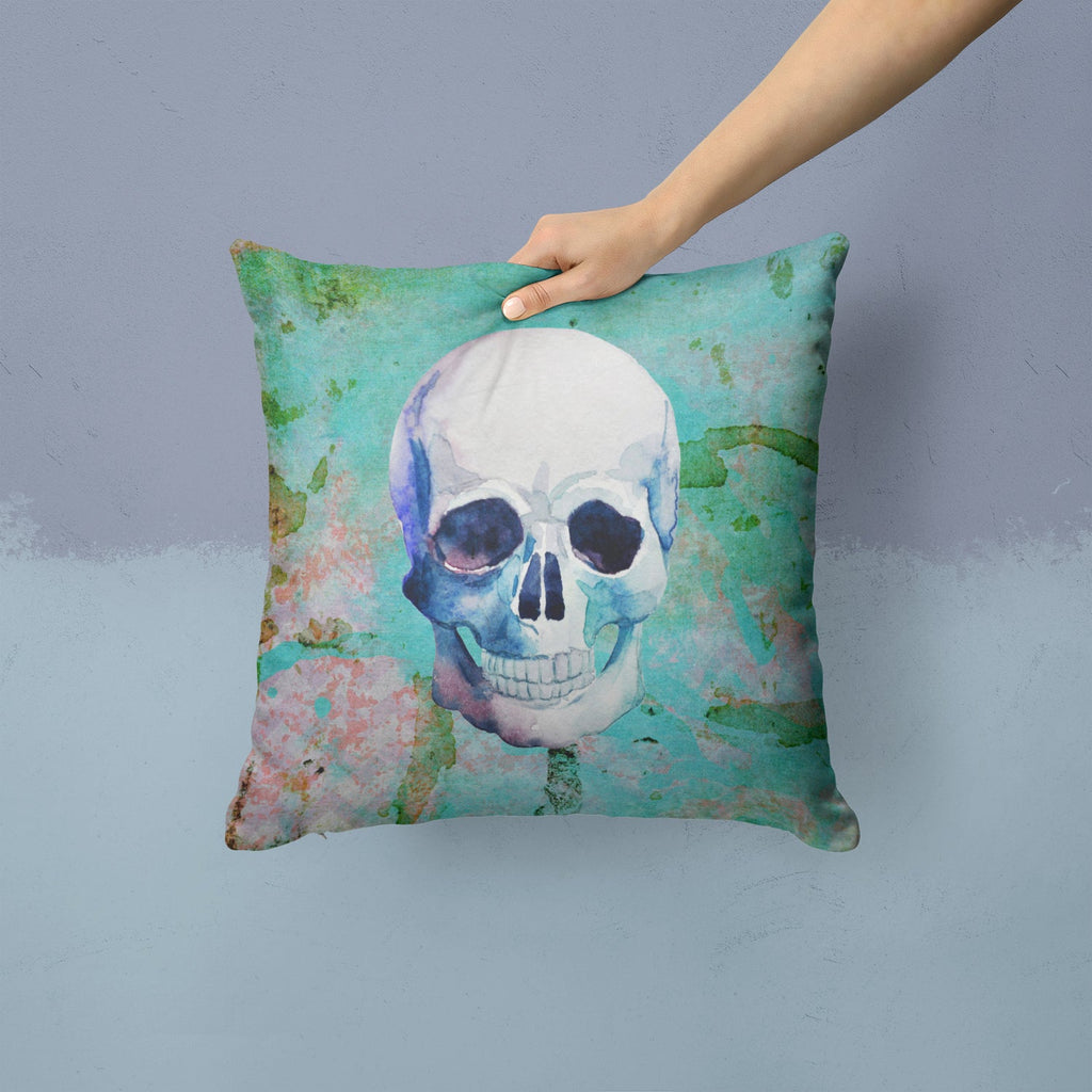 Day of the Dead Teal Skull Decorative Throw Pillow 14x14 Indoor Outdoor Accent Cushion, Fabric Cover with Insert for Sofa, Bed, Porch & Living Room